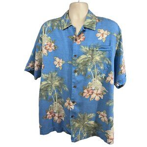Jamaica Jaxx Mens Blue Silk Floral Hawaiian Button Up Shirt XL Pocket Relaxed